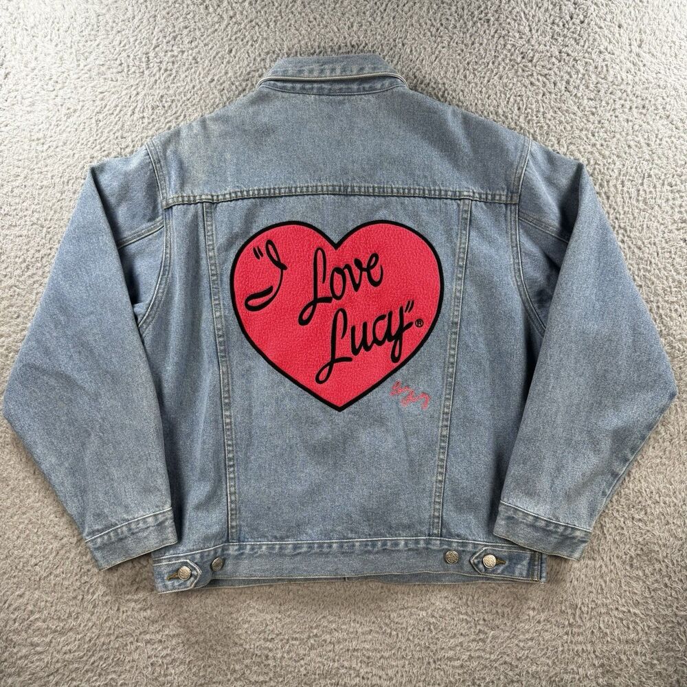 Authentic Apparel I LOVE LUCY Denim Jean Jacket Red Heart Women's XL Vintage❤